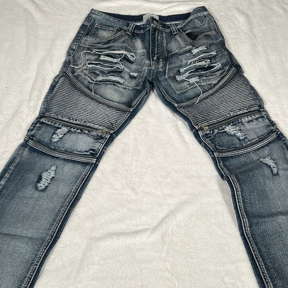 Smoke Rise Original Vintage Denim Men's Distressed Washed Blue Jeans Size 34 - Picture 2 of 6